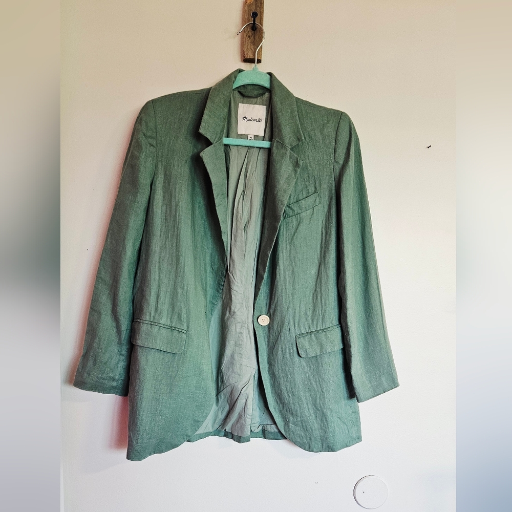Madewell Linen Blazer Size Xs Green Trellis Larsen One Button Jacket - Picture 3 of 6